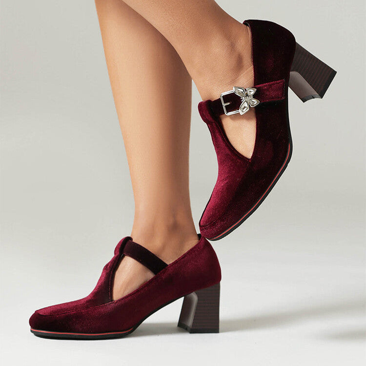 Red Velvet suede ankle-strap block heels