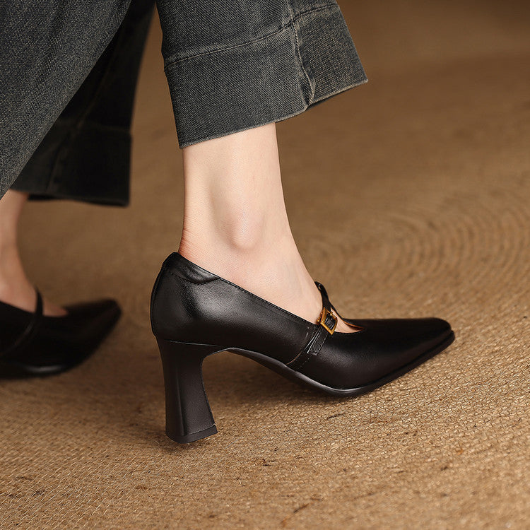 Pink genuine leather T-strap heels