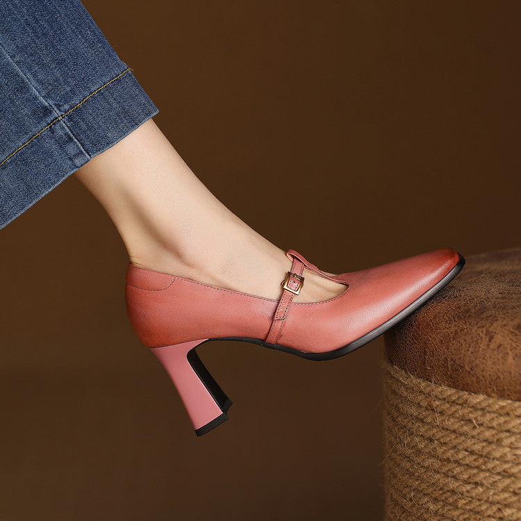 Pink genuine leather T-strap heels