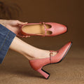 Pink genuine leather T-strap heels, front view