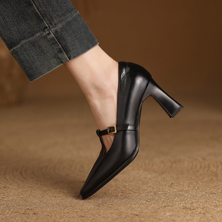 Pink genuine leather T-strap heels
