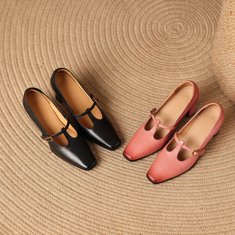 Pink genuine leather T-strap heels