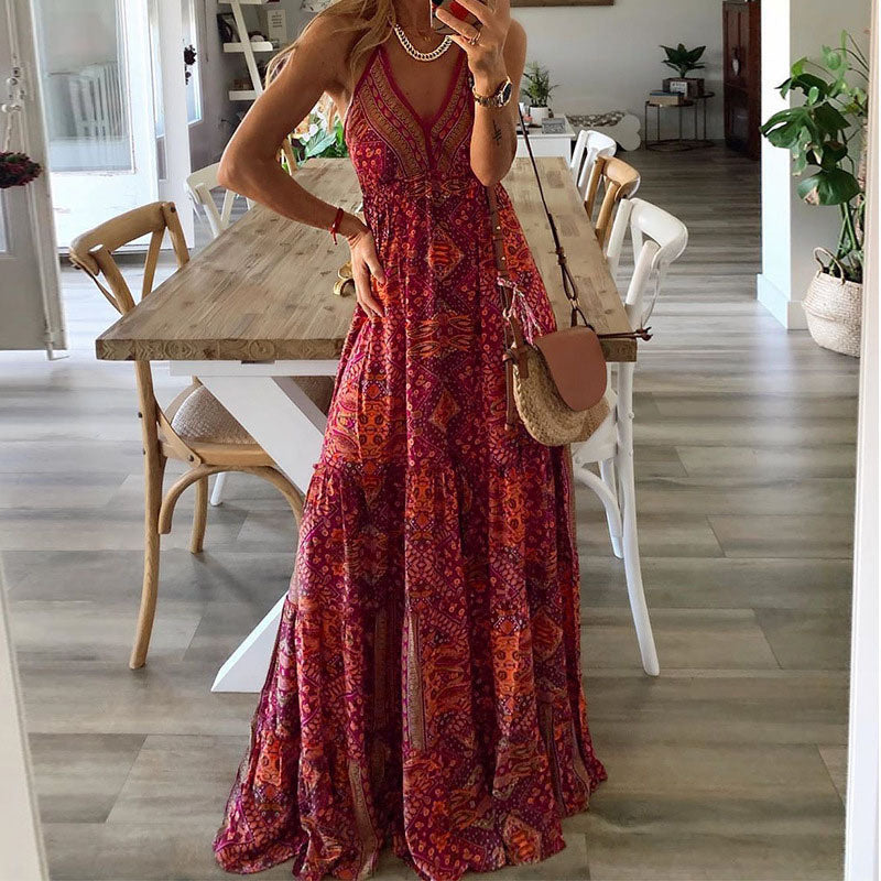 Women's Tiered Patterned Maxi Dress side view - Flowy V-Neck Wedding Guest Maxi Dress