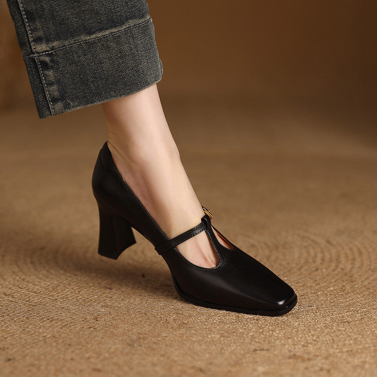 Pink genuine leather T-strap heels