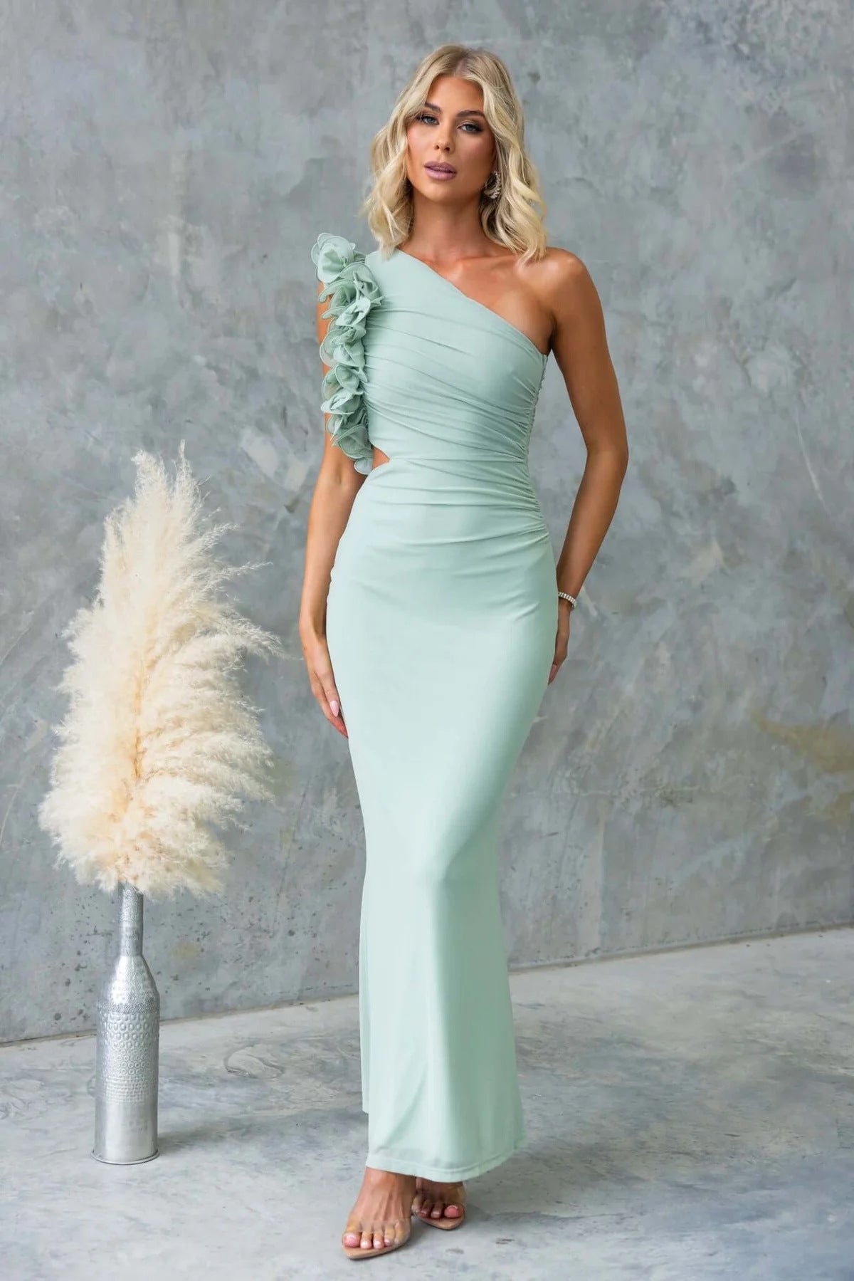 One-Shoulder Ruffle Wedding Guest Dress – Fitted Maxi Gown