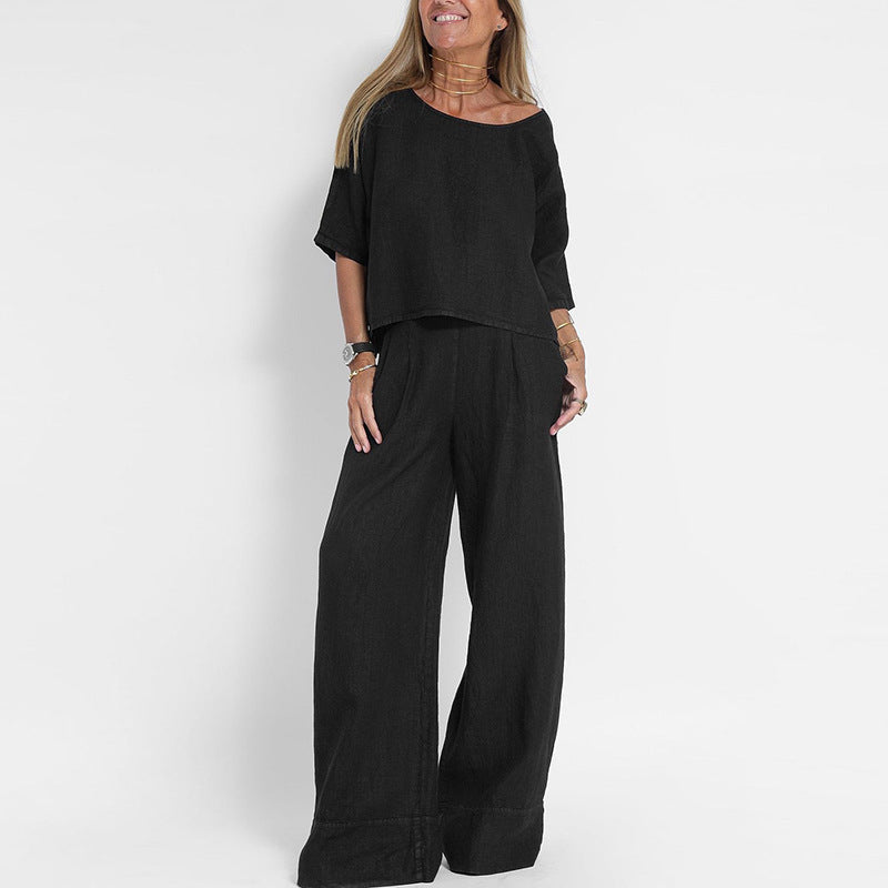 Women's co-ord wide leg trousers with elastic waist, showing flowing silhouette