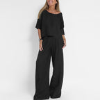 Women's co-ord wide leg trousers with elastic waist, showing flowing silhouette