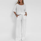 Women's beige linen blend wide leg co-ord set, back view