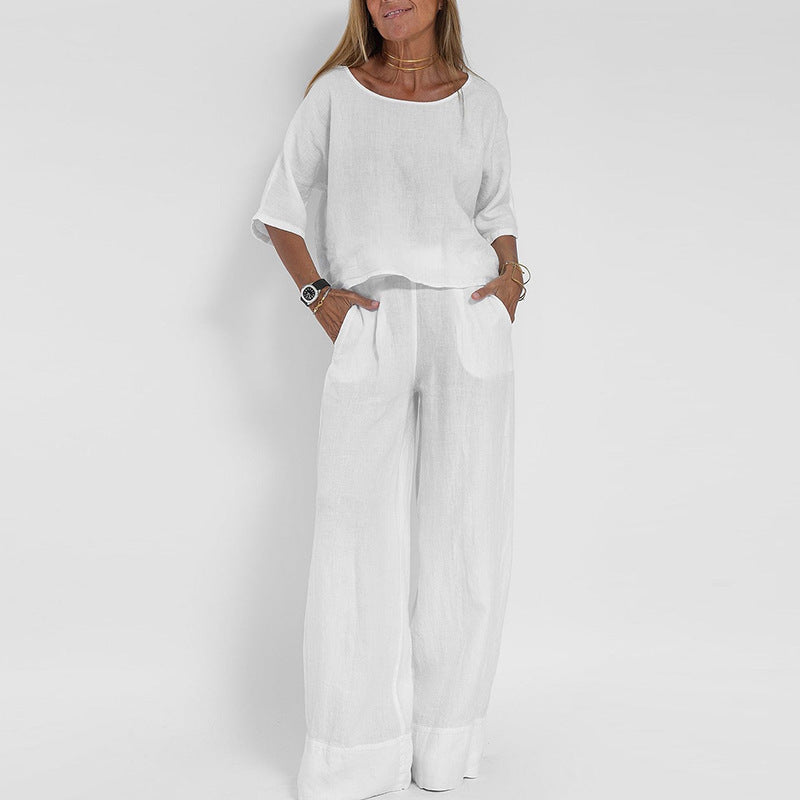 Women's beige linen blend wide leg co-ord set, back view