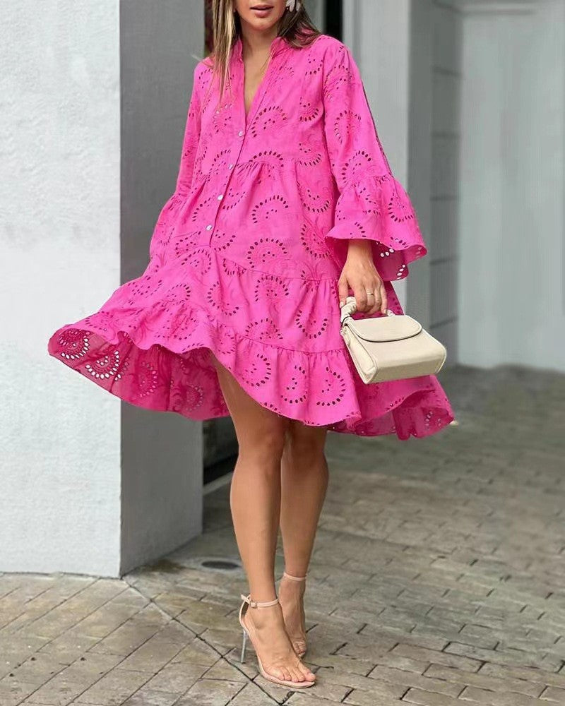 Long sleeve tiered mini dress in light pink, balloon sleeves detail | Alba Muse