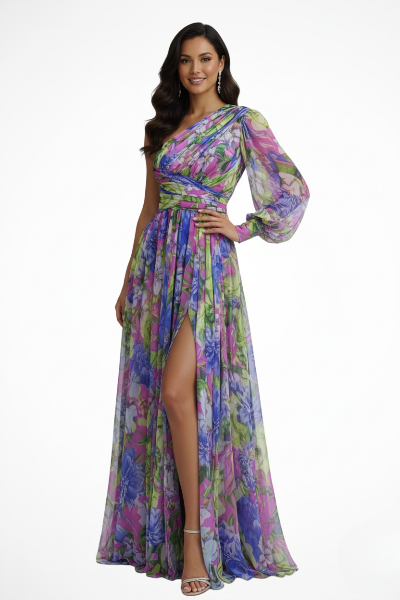 One Shoulder Flowy Wedding Guest Maxi Dress