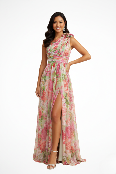 One Shoulder Flowy Wedding Guest Maxi Dress