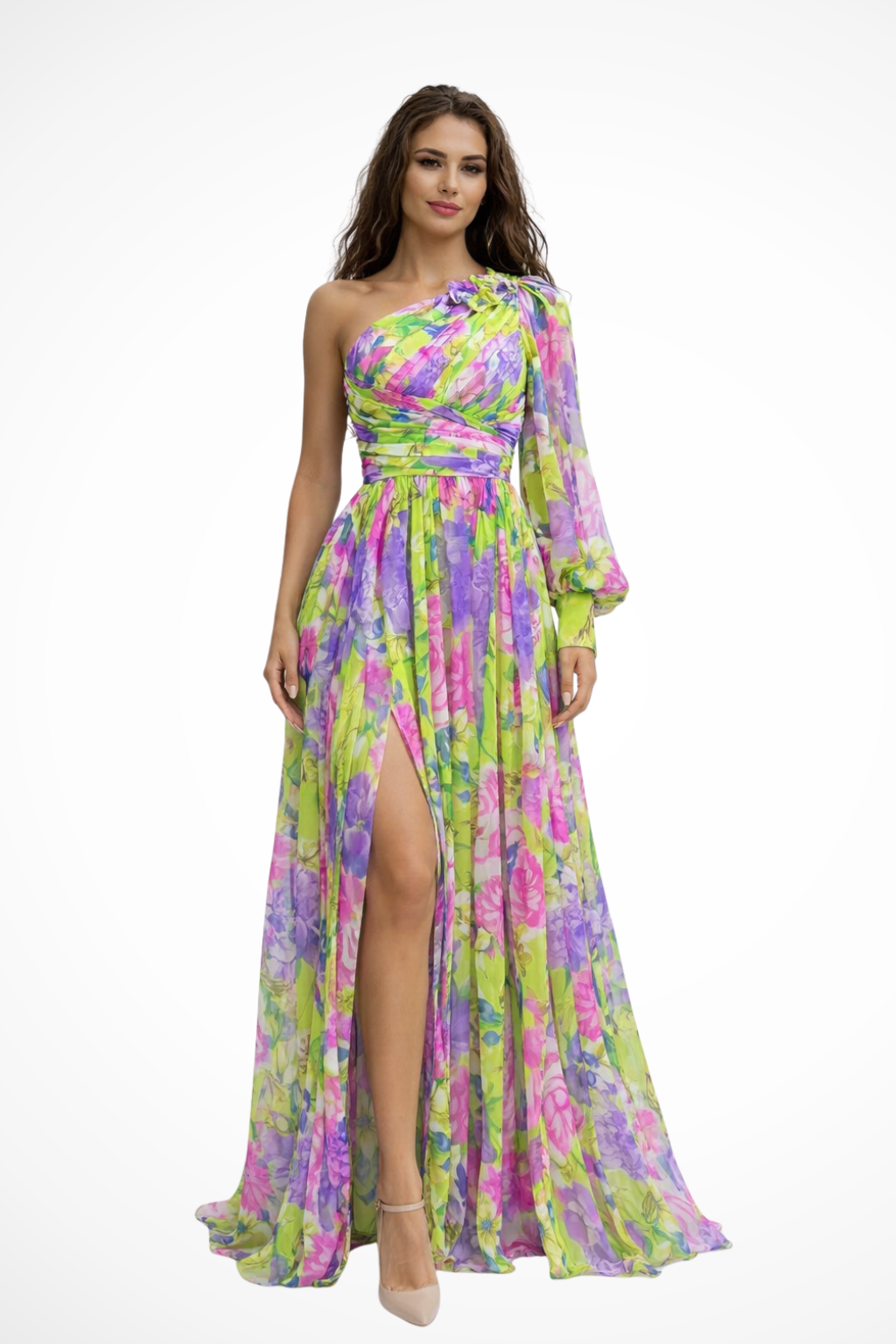 One Shoulder Flowy Wedding Guest Maxi Dress