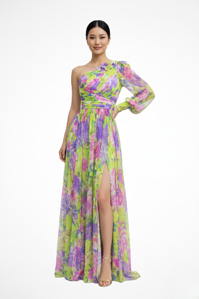 One Shoulder Flowy Wedding Guest Maxi Dress