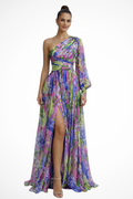 Women's one shoulder floral maxi dress in purple – draped bodice front view