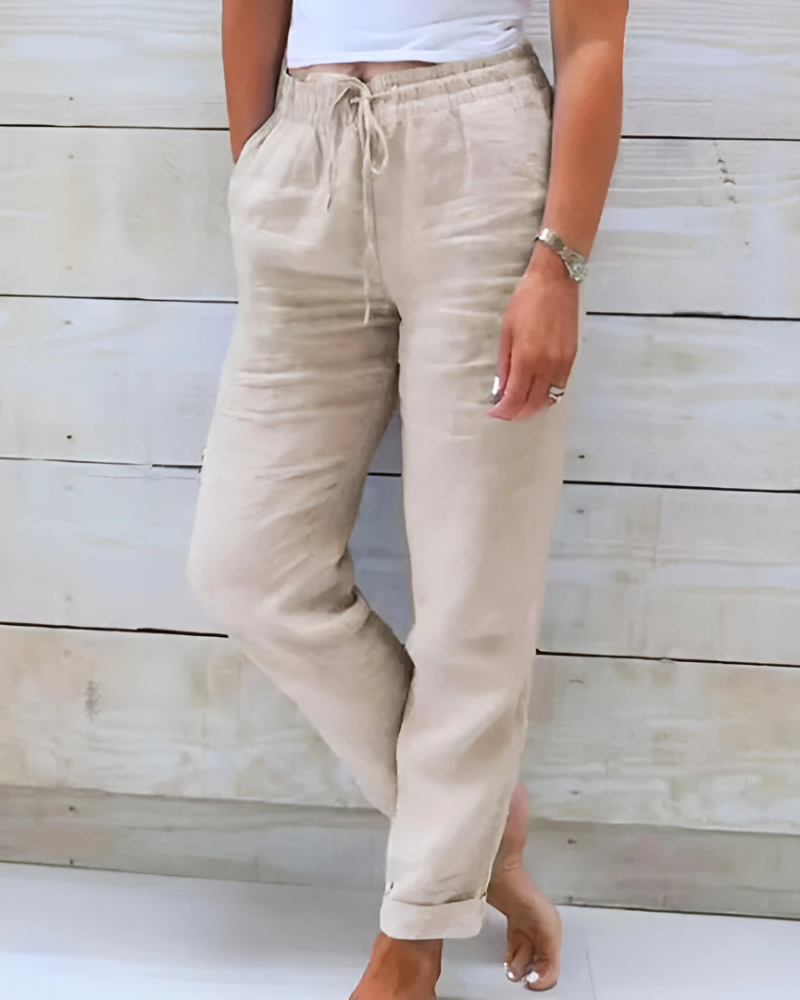 Stretchy lightweight casual trousers in beige, front view