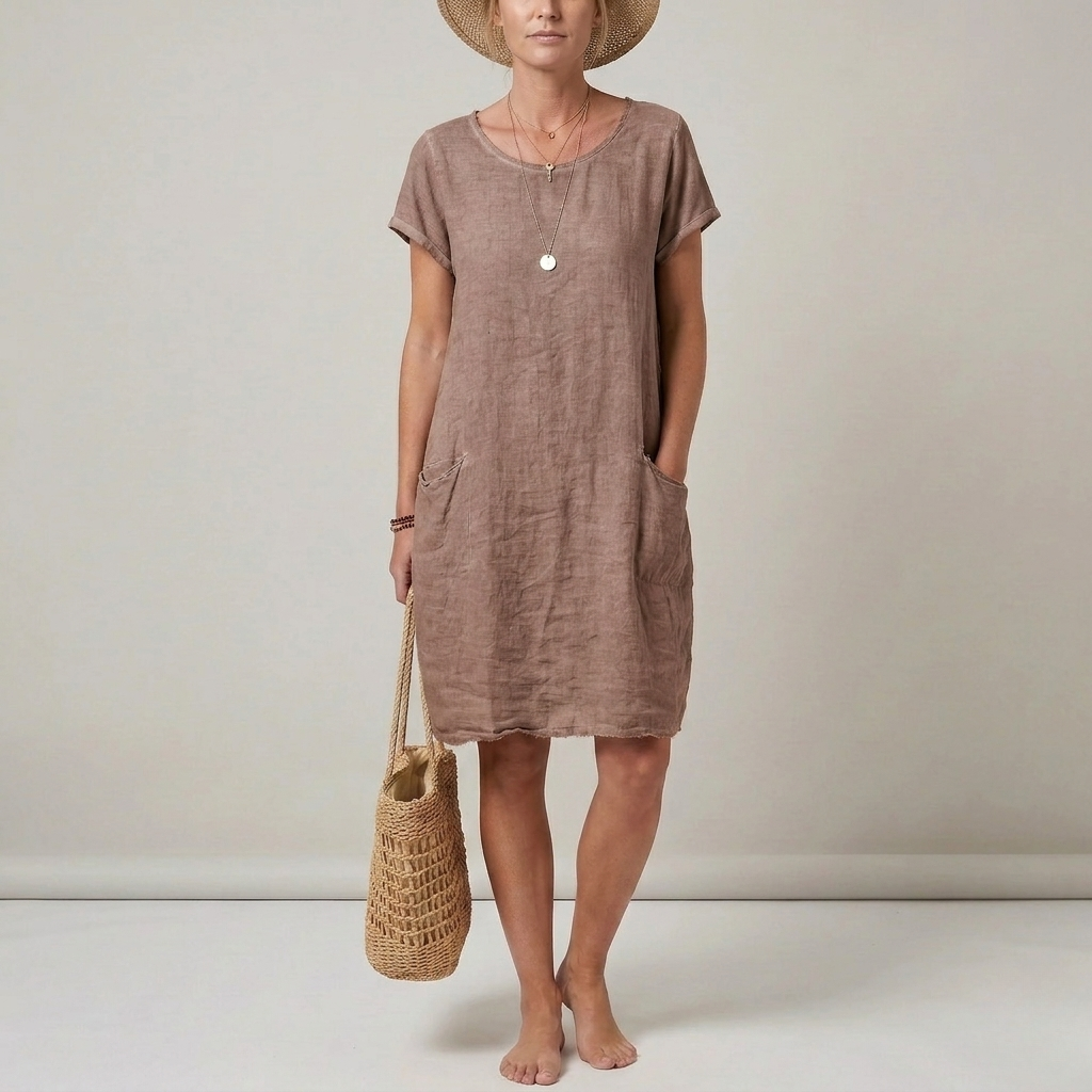 Short sleeve linen mini dress with front pockets, colourway product view