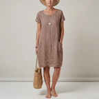 Short sleeve linen mini dress with front pockets, colourway product view
