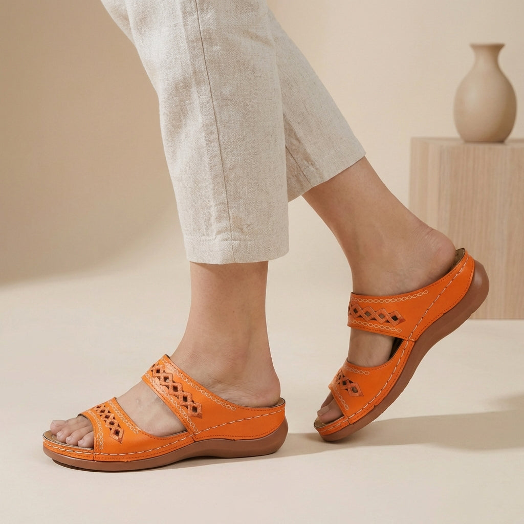 Women's orthopaedic double strap sandals in orange – laser-cut arch support