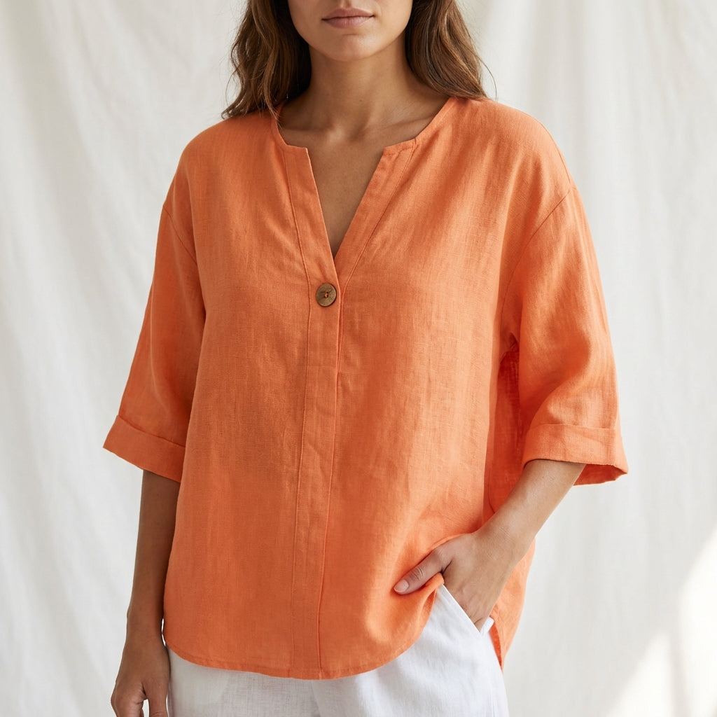 Cotton Linen V-Neck Blouse with Button Front and Cuffed Sleeves