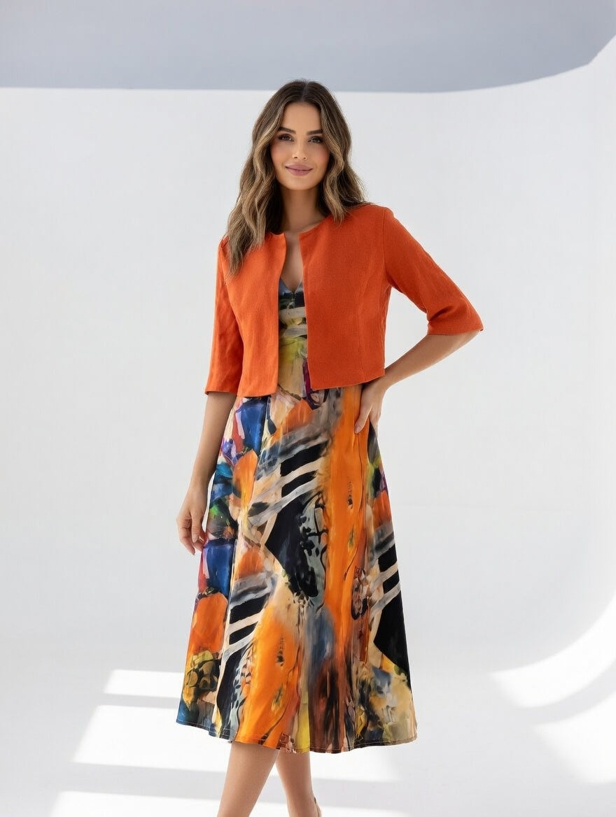 Orange printed midi dress with matching bolero | Alba Muse