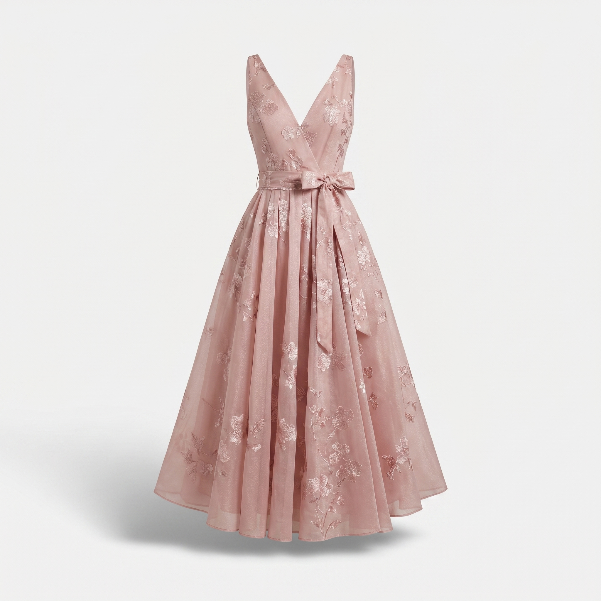 Floral organza V-neck midi dress on model | Alba Muse