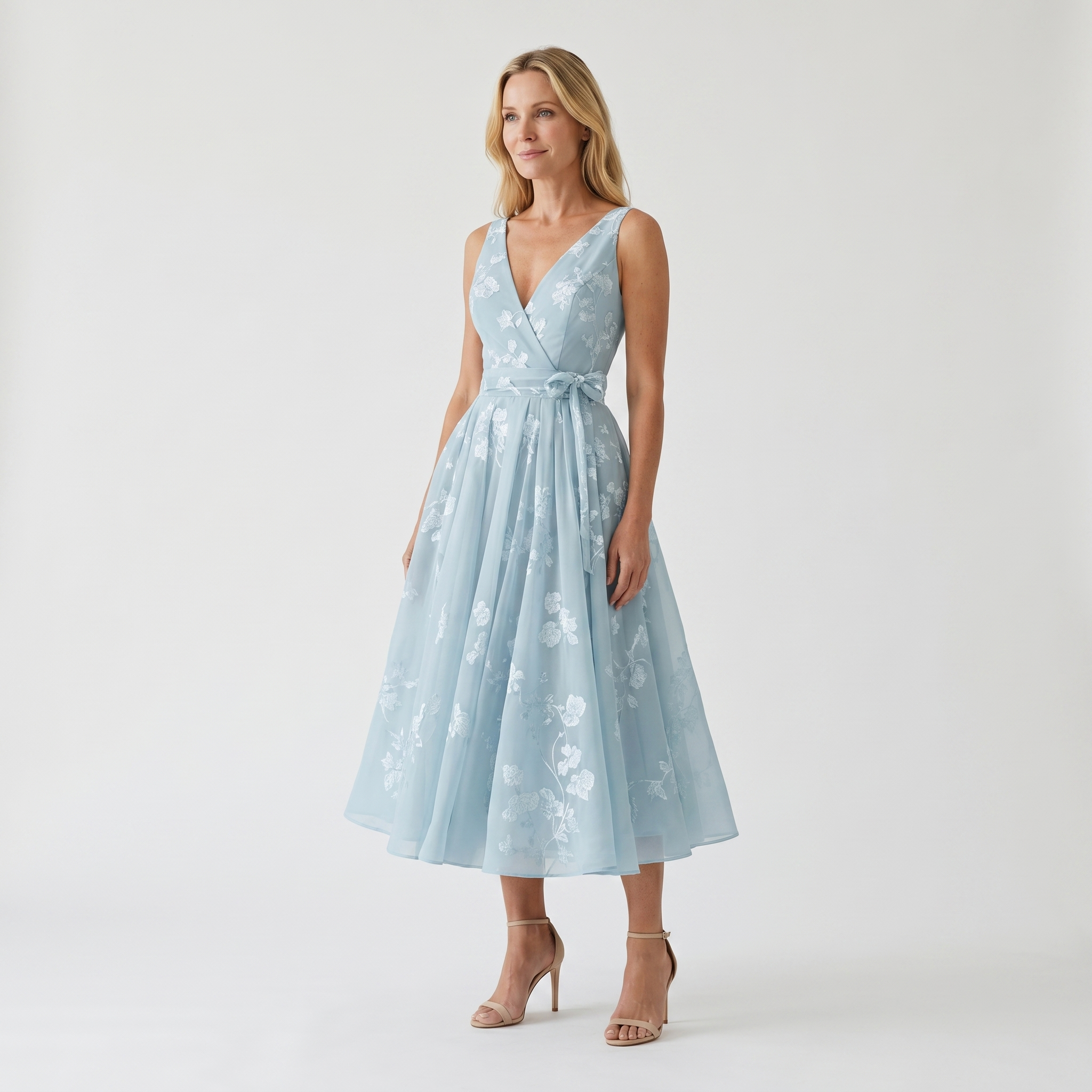 Floral Organza V-Neck Midi Dress