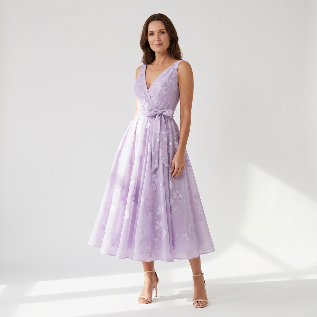 Floral Organza V-Neck Midi Dress
