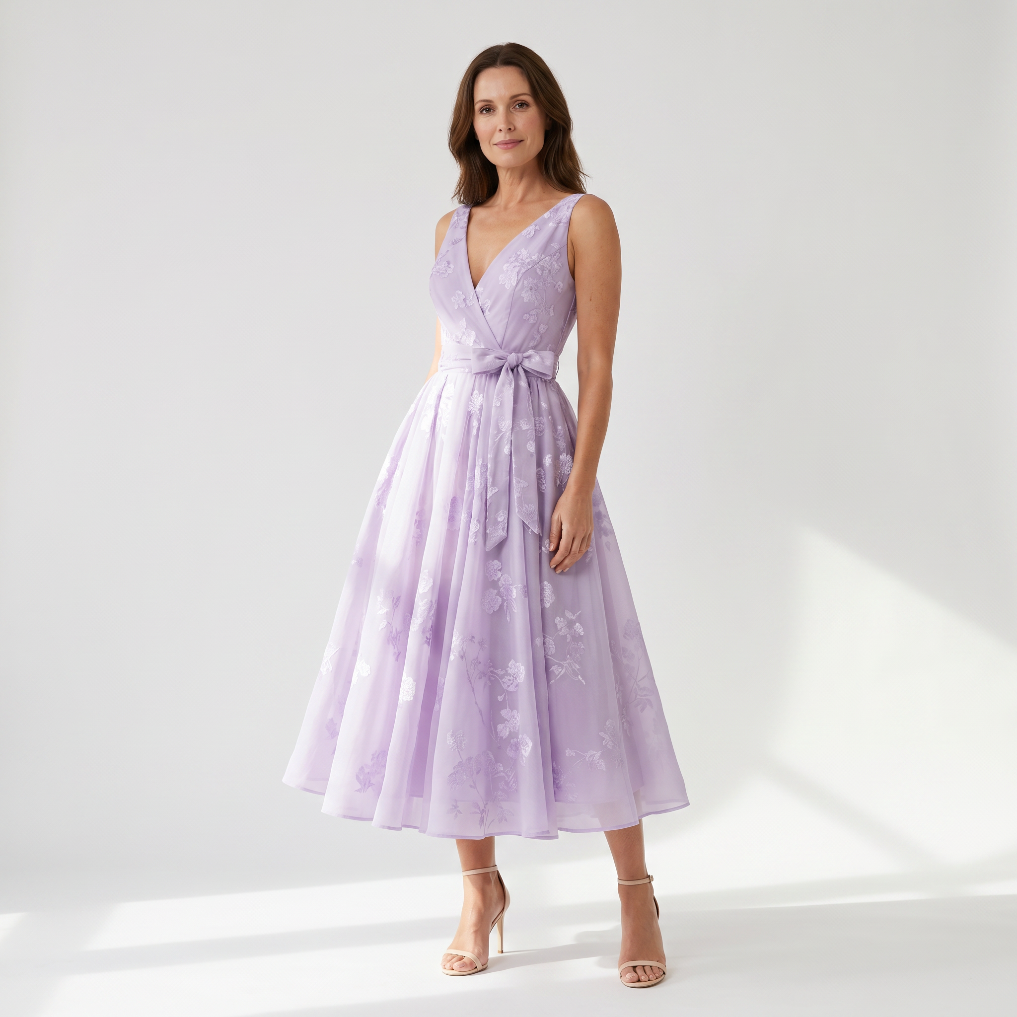 Floral Organza V-Neck Midi Dress