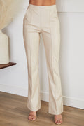 Faux leather straight leg trousers in beige, front view