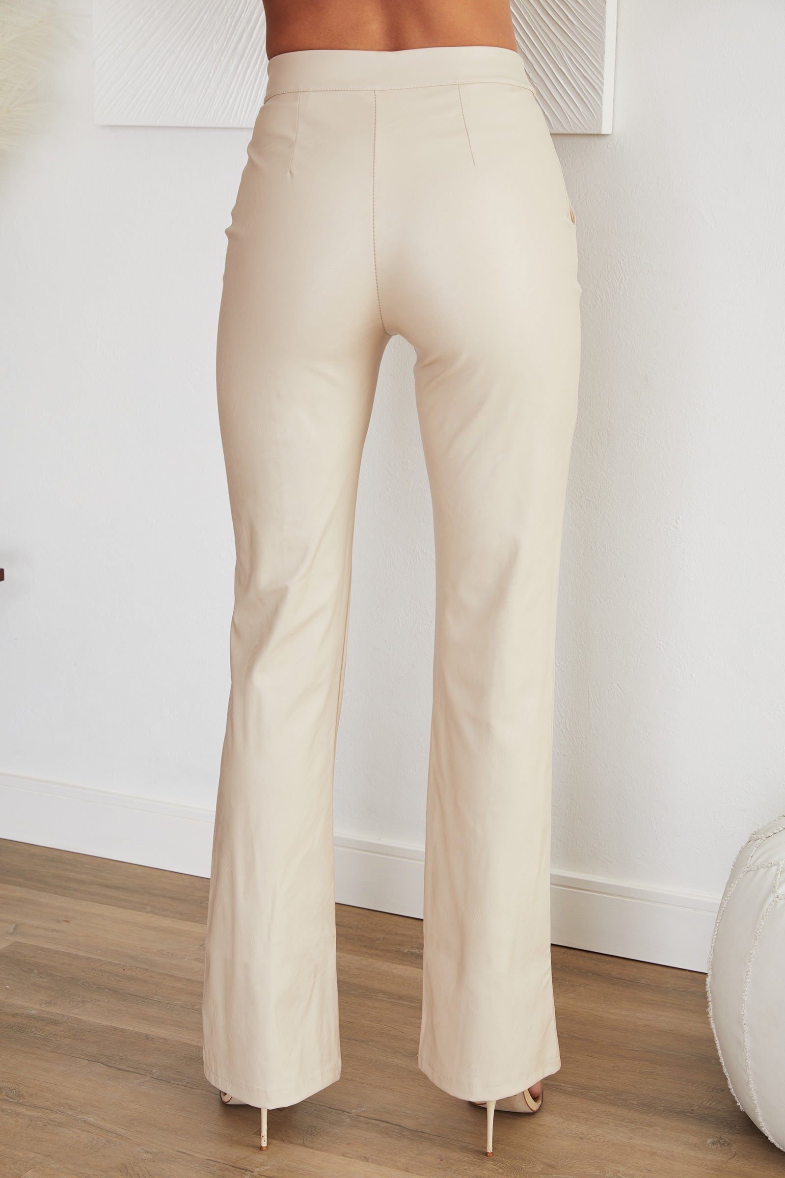 Women's faux leather straight leg trousers, detail of side zip