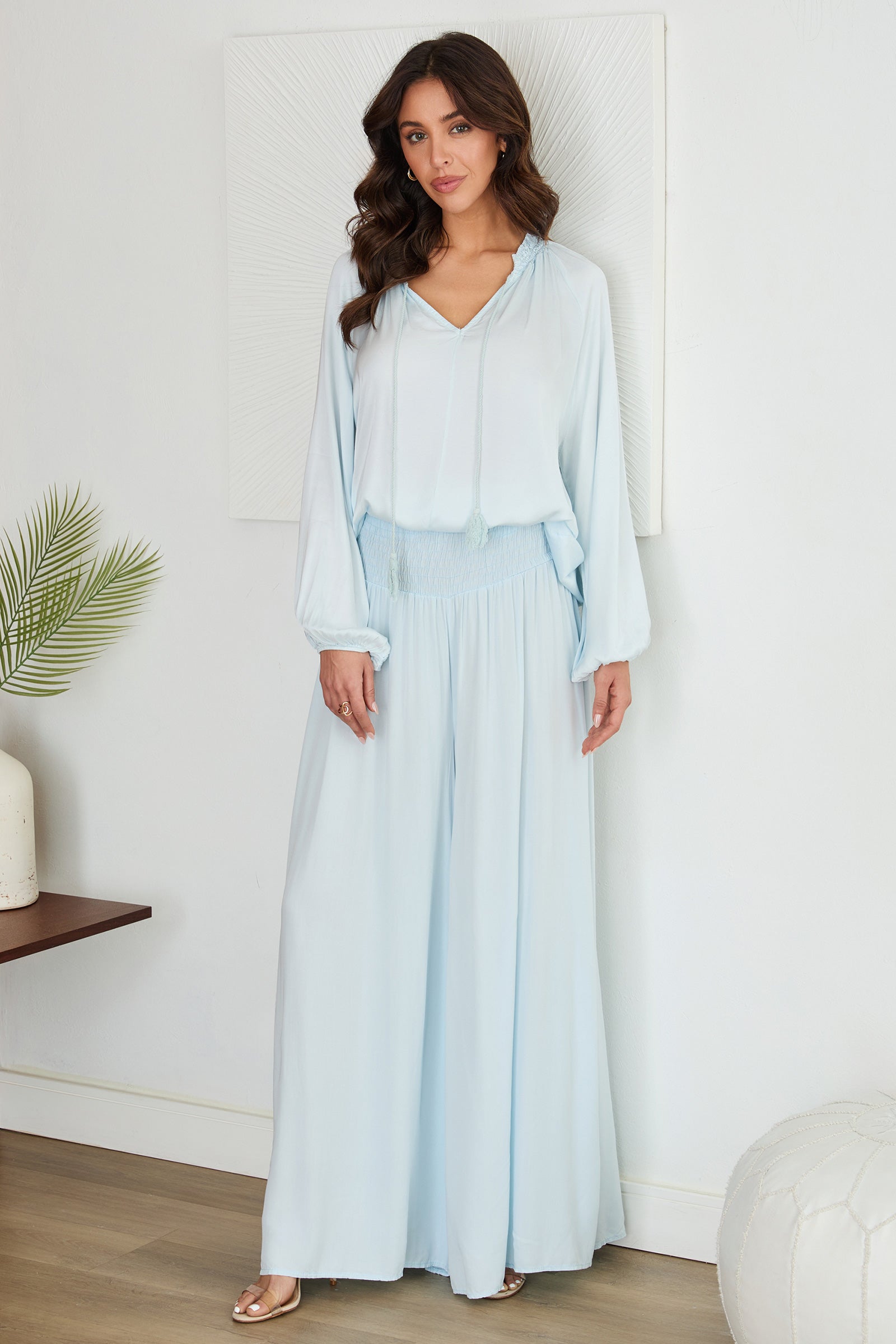 Wide Leg Smocked Waist Trousers