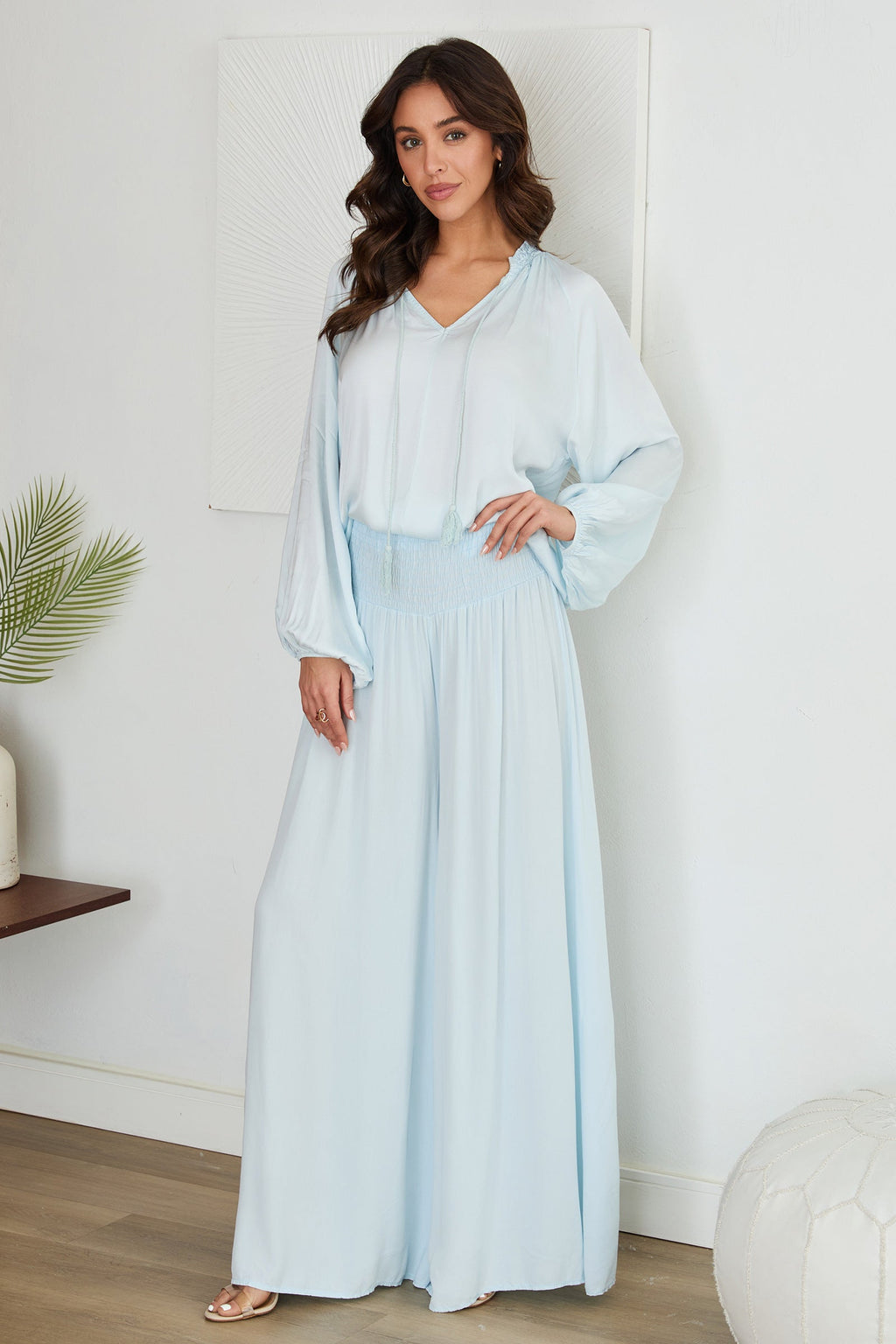 Wide Leg Smocked Waist Trousers
