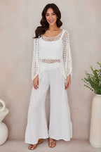Women's wide leg tiered linen palazzo trousers, styled outfit