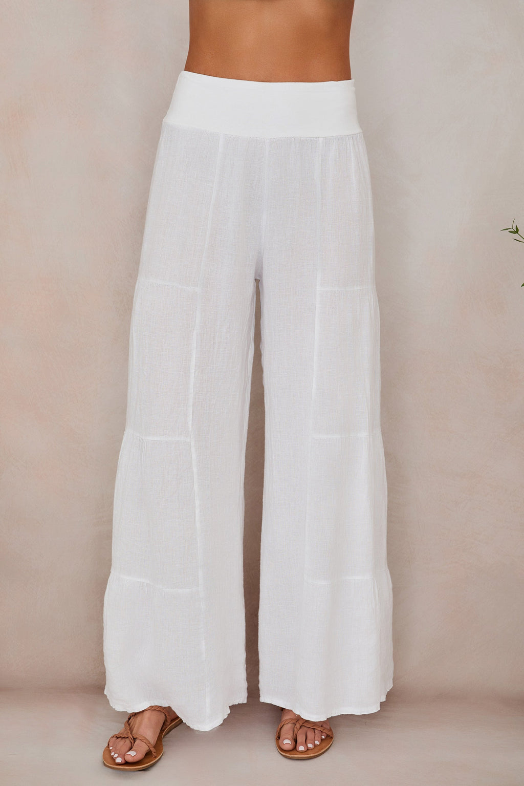 Women's linen palazzo trousers, model full length front view