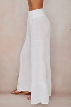 Women's wide leg tiered linen trousers, elasticated waistband detail