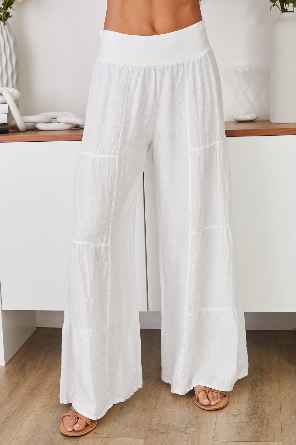 Women's wide leg tiered linen palazzo trousers, front view