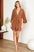 Tied Waist Mini Dress with Deep V-Neck – Casual