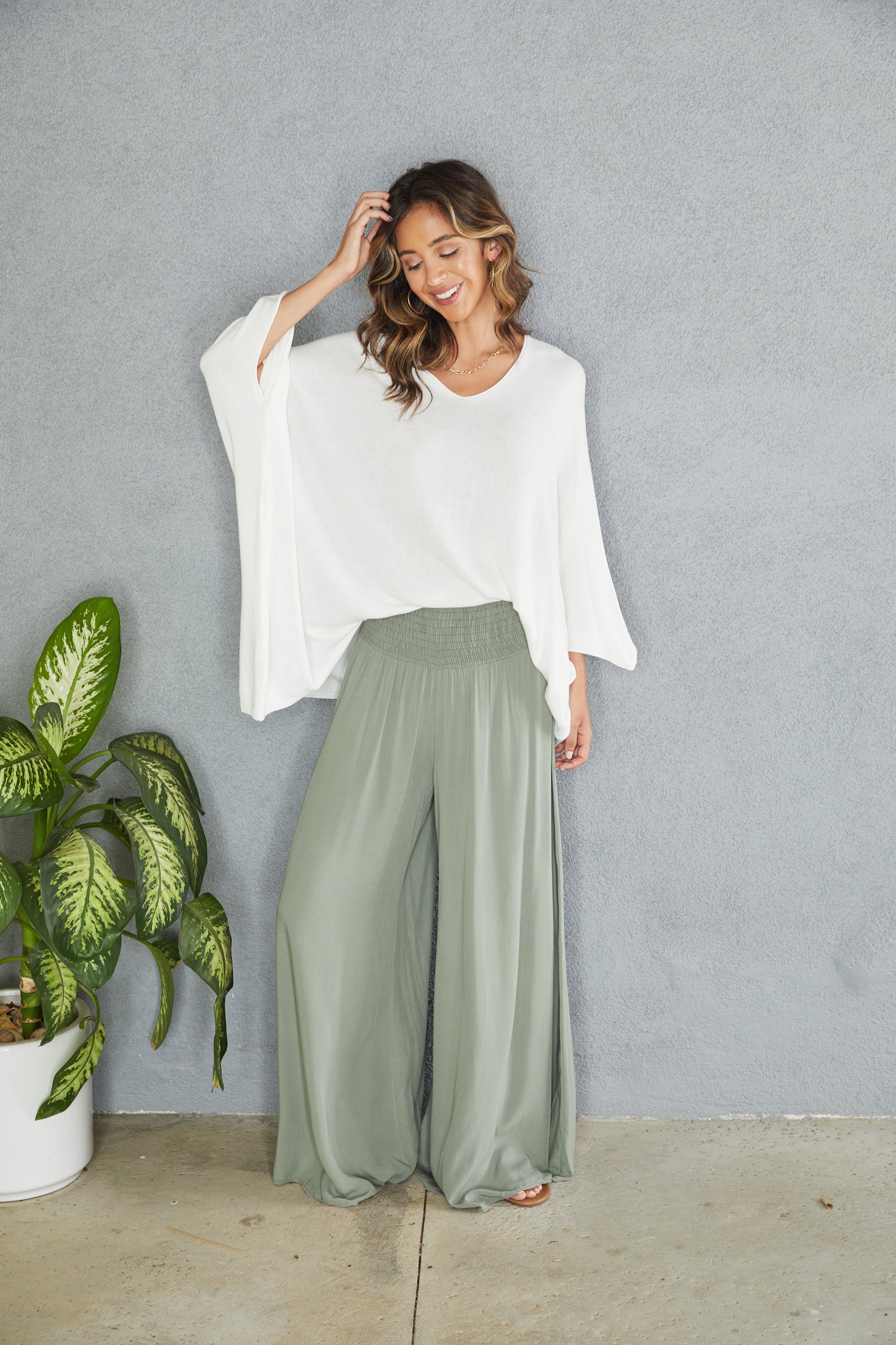 Women's wide leg smocked waist viscose trousers, alternative colour