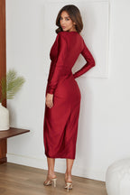 Women's twist front midi dress with long sleeves, back view