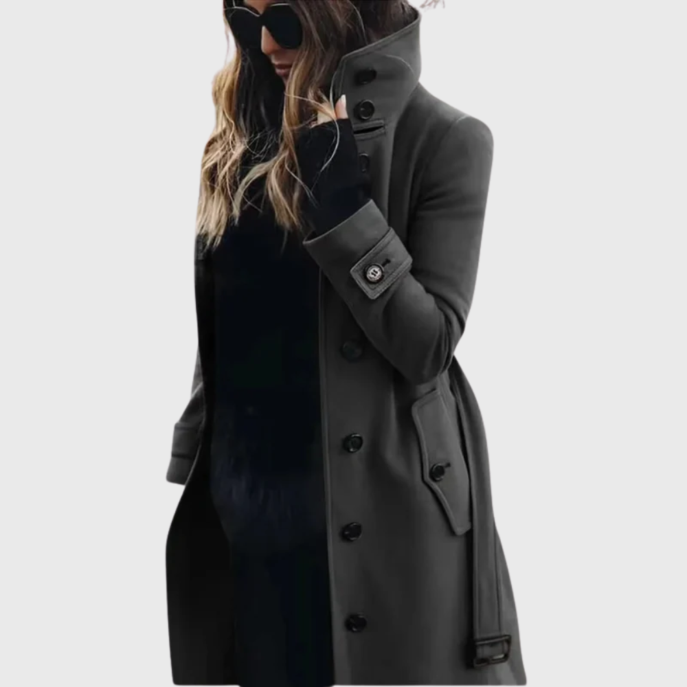 High stand collar longline coat with a single breasted button front