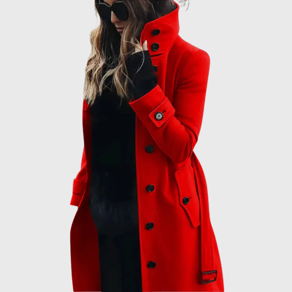 High stand collar longline coat with a cuff strap detail