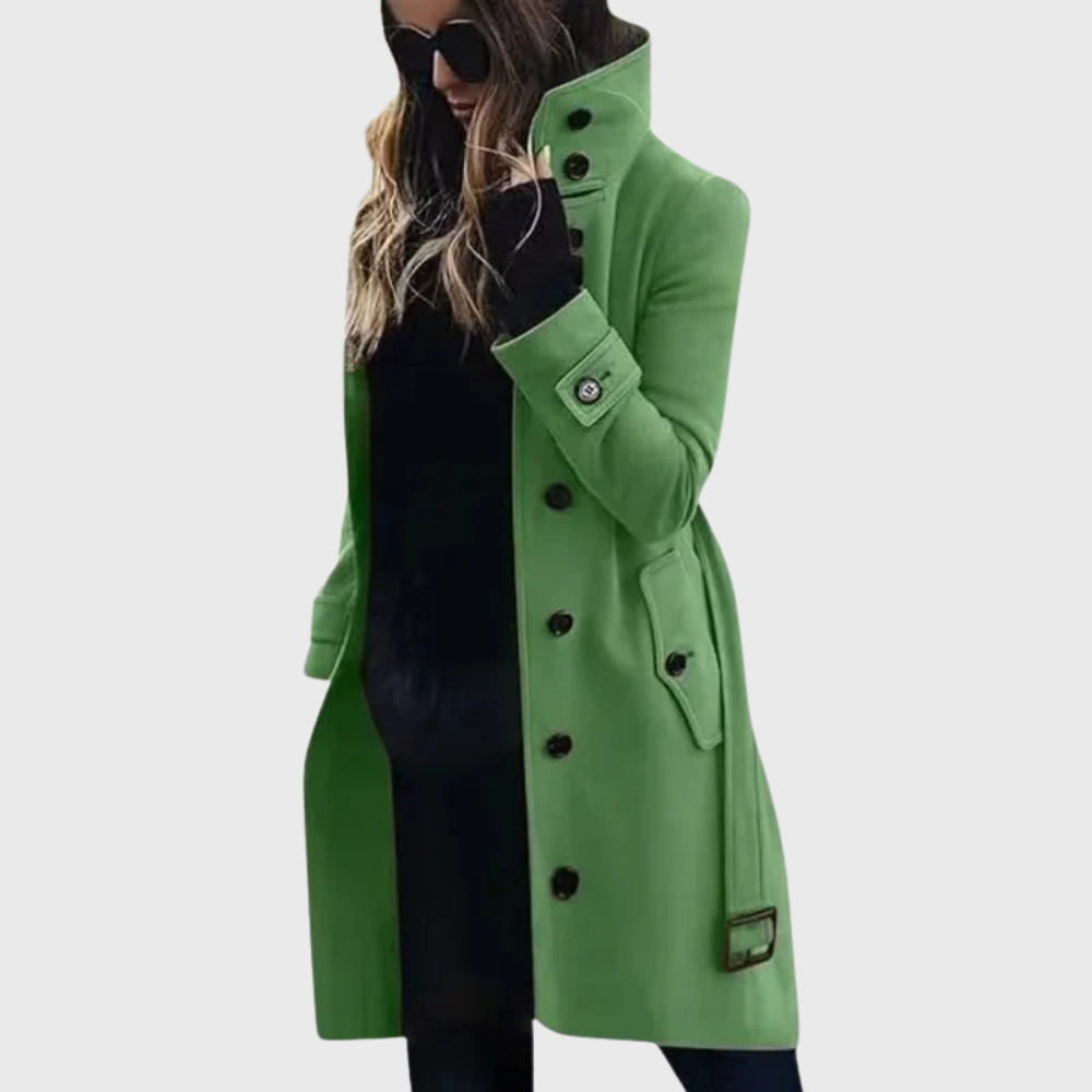 High stand collar longline coat with a single breasted button front