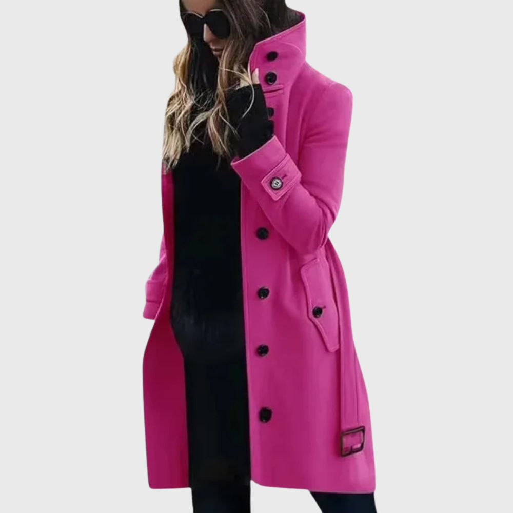 High stand collar longline coat with a cuff strap detail