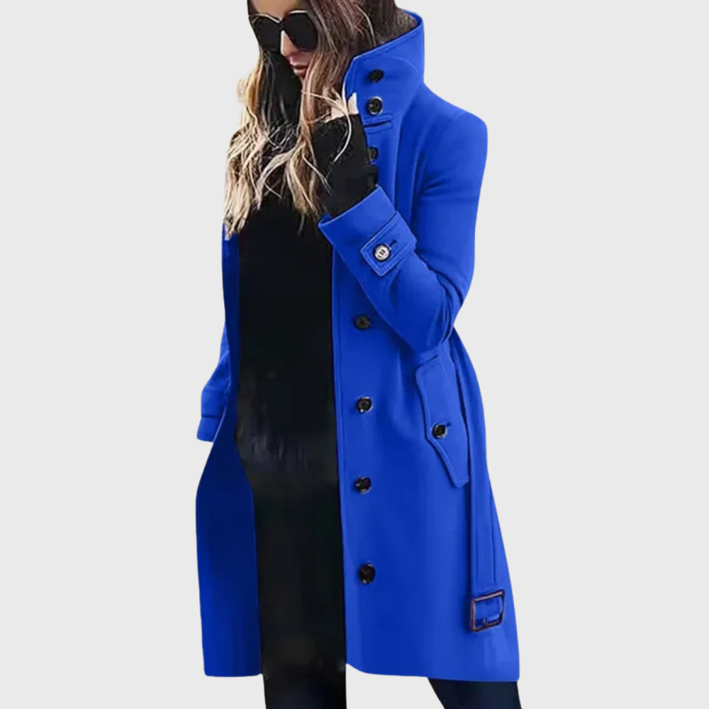 High stand collar longline coat with a single breasted button front