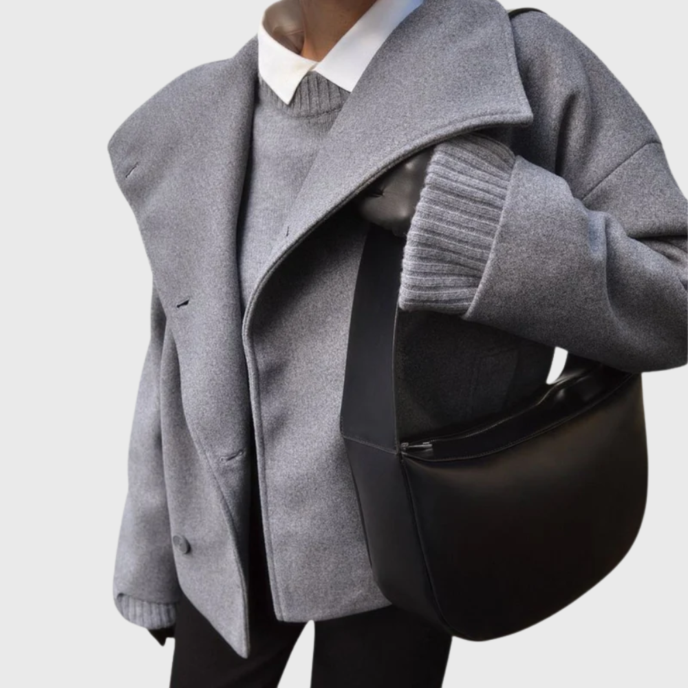 Cropped wide lapel double breasted textured coat with a cropped straight cut
