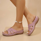 Women's pink arch support slides – cut-out woven strap summer sandals