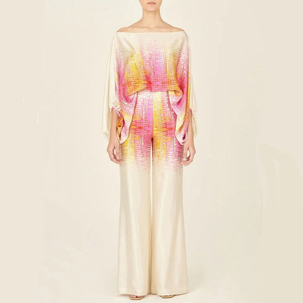 Women's lantern sleeve off shoulder co-ord set in pink, front view