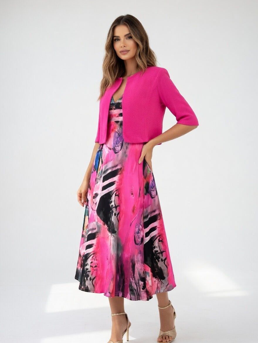 Pink printed midi dress with matching bolero | Alba Muse