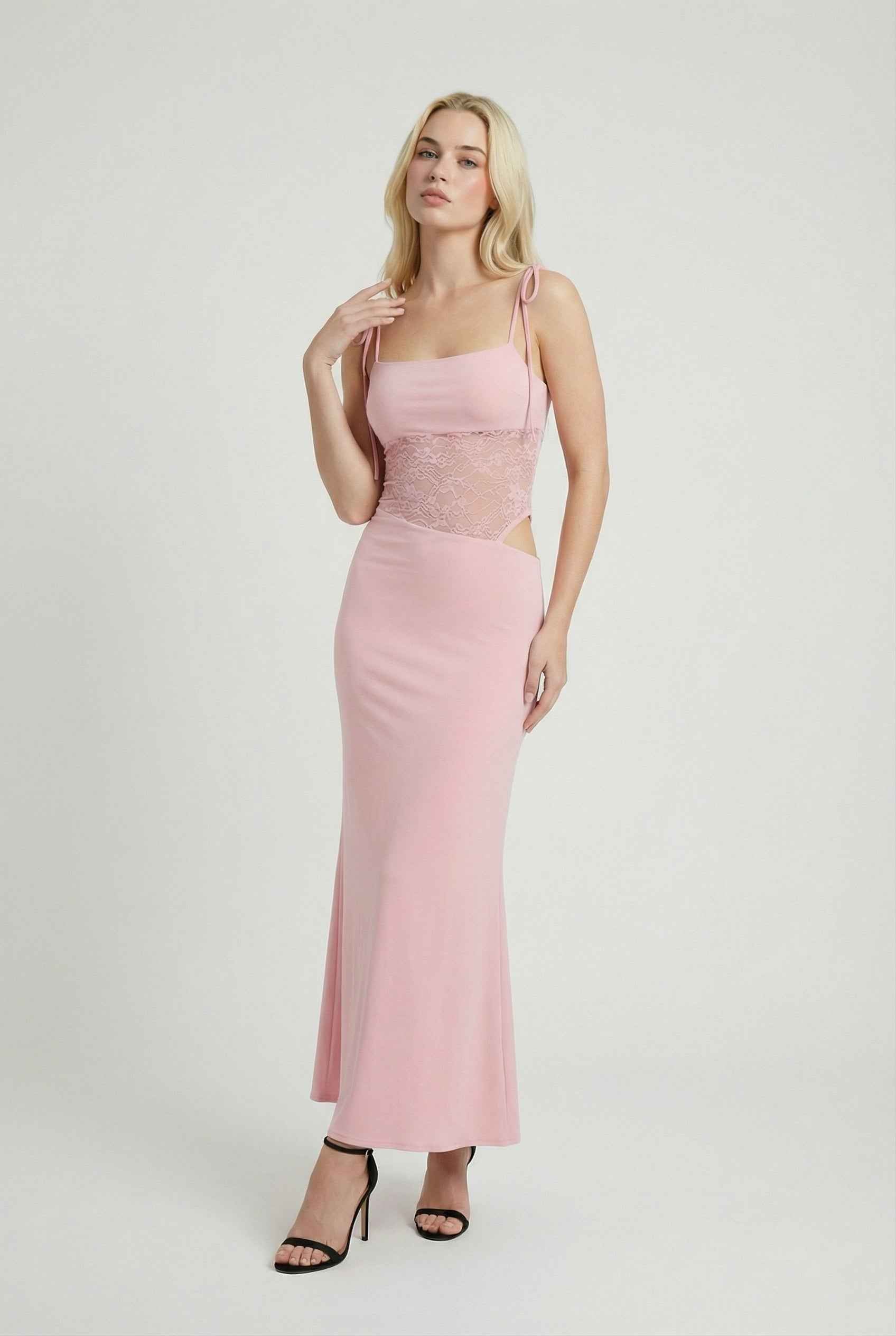 Pink Sleeveless Lace Maxi Dress